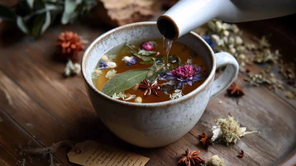 Cup of herbal tea used during fasting to reduce cravings and support hydration