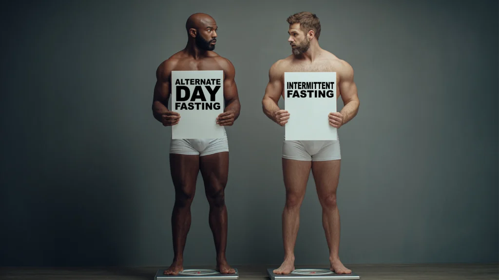 Alternate day fasting vs intermittent fasting comparison showing two men holding signs explaining fasting methods