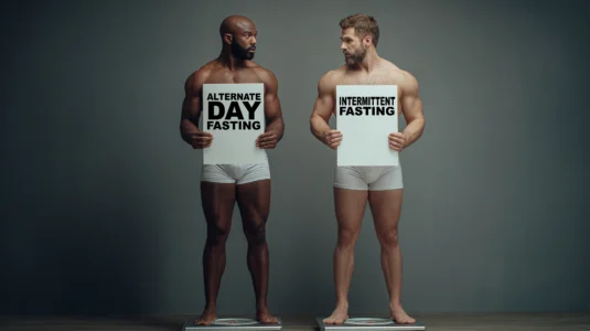Alternate day fasting vs intermittent fasting comparison showing two men holding signs explaining fasting methods
