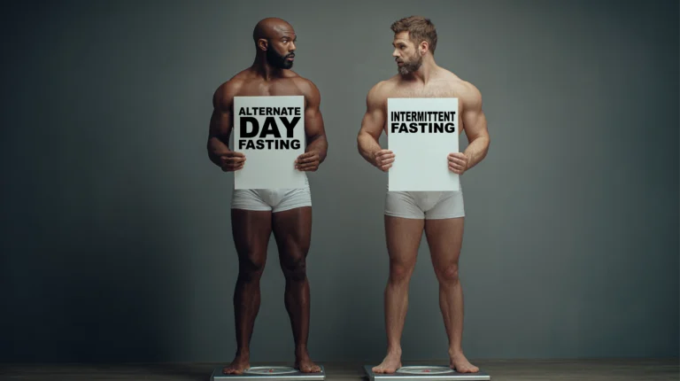 Alternate day fasting vs intermittent fasting comparison showing two men holding signs explaining fasting methods