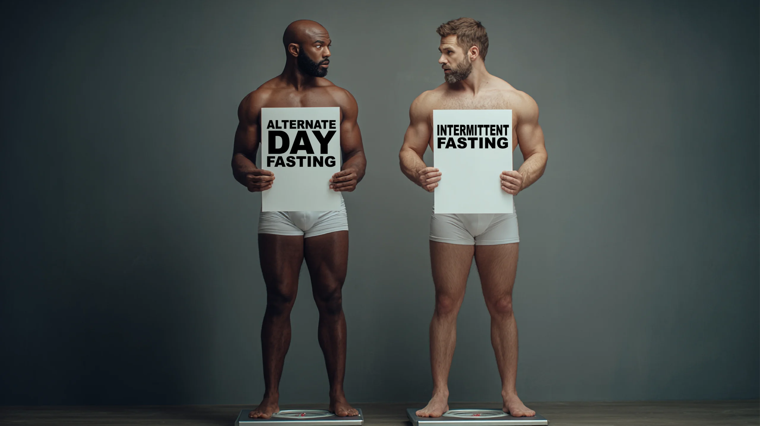 Alternate day fasting vs intermittent fasting comparison showing two men holding signs explaining fasting methods